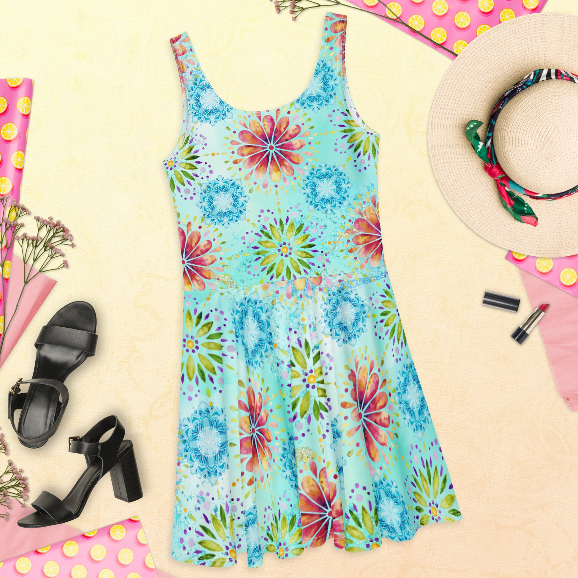 Jurken: "Boho Mandala Magie – Turquoise Skaterjurk door Evy's Bloom Art" - Evy's Bloom Art