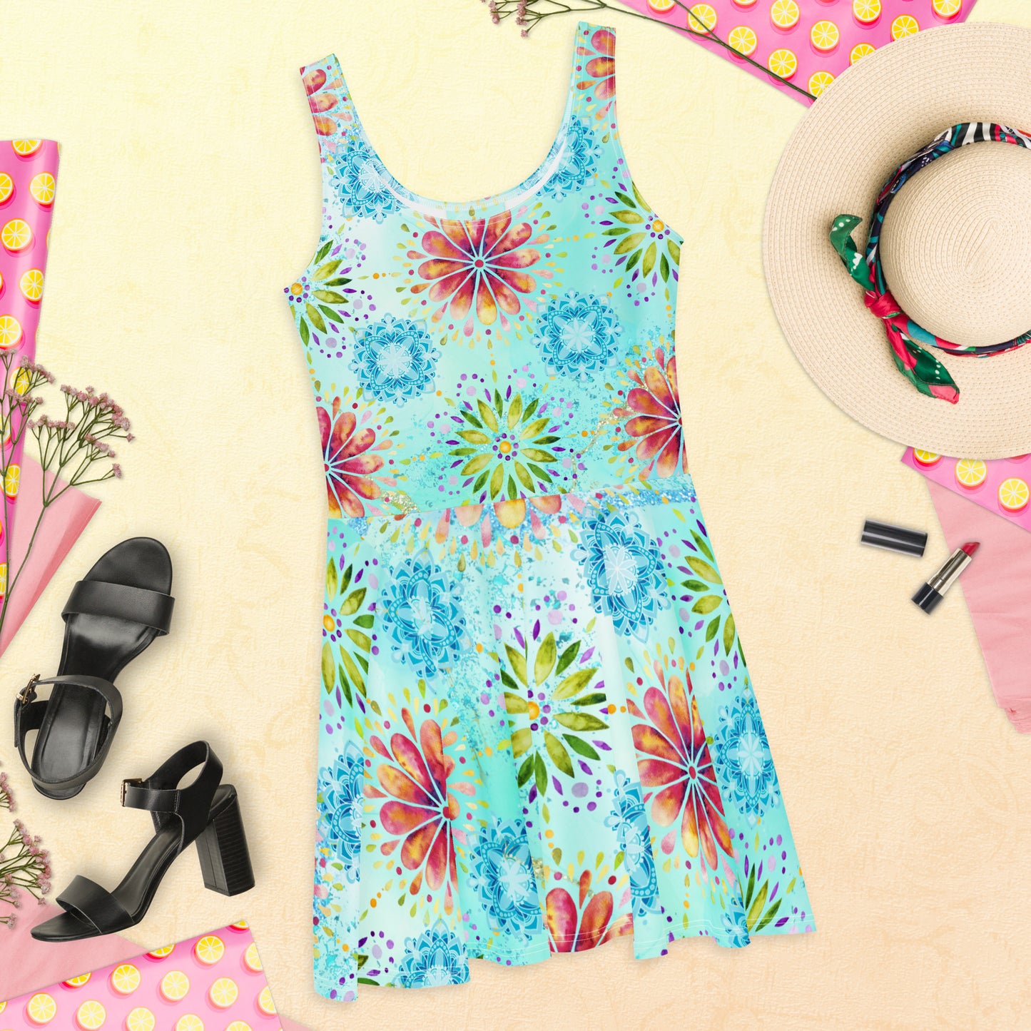 Jurken: "Boho Mandala Magie – Turquoise Skaterjurk door Evy's Bloom Art" - Evy's Bloom Art