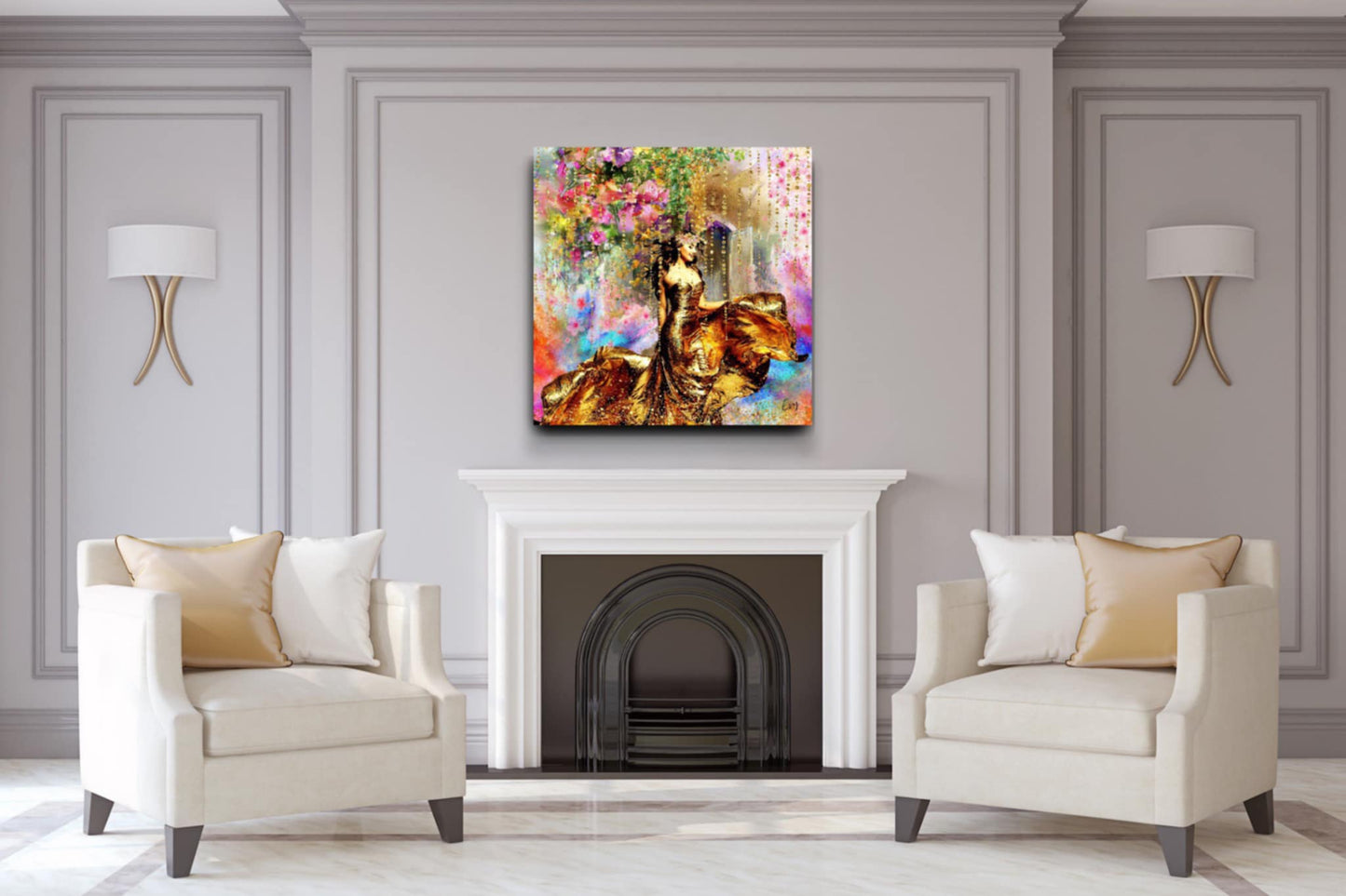 Kunstwerk: ✨ Gouden Elegantie in Bloemenpracht – Waar luxe, vrouwelijkheid en natuur samenkomen - Evy's Bloom Art