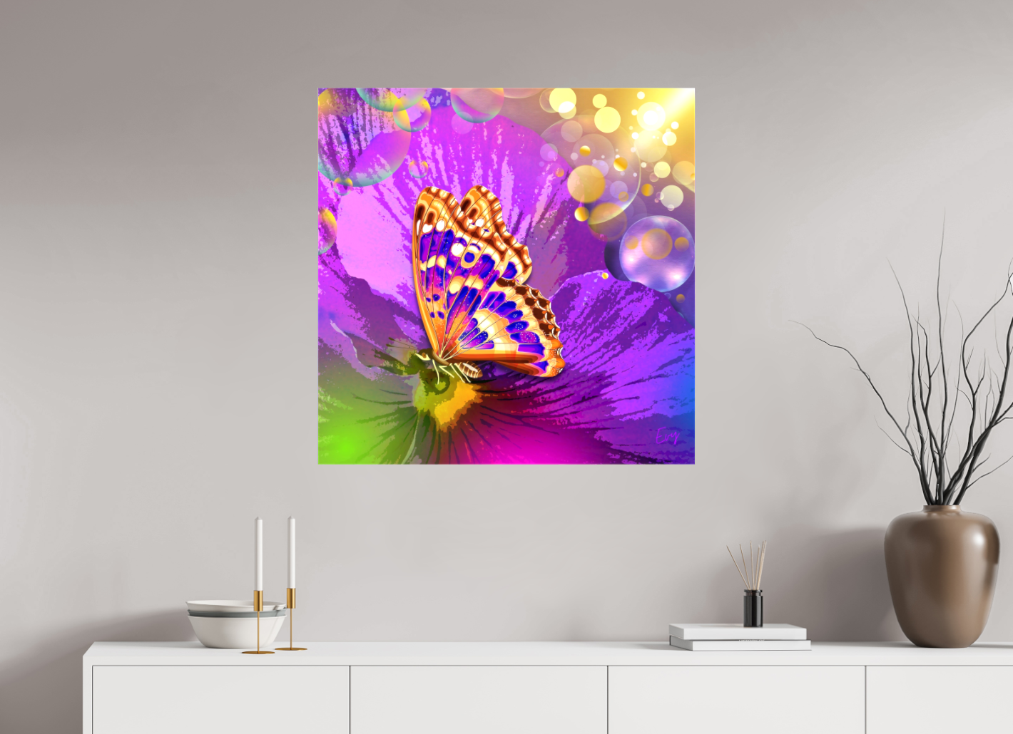 Kunstwerk: "Magische Vlinder op Bloem" Canvasprint Glanzend 3D