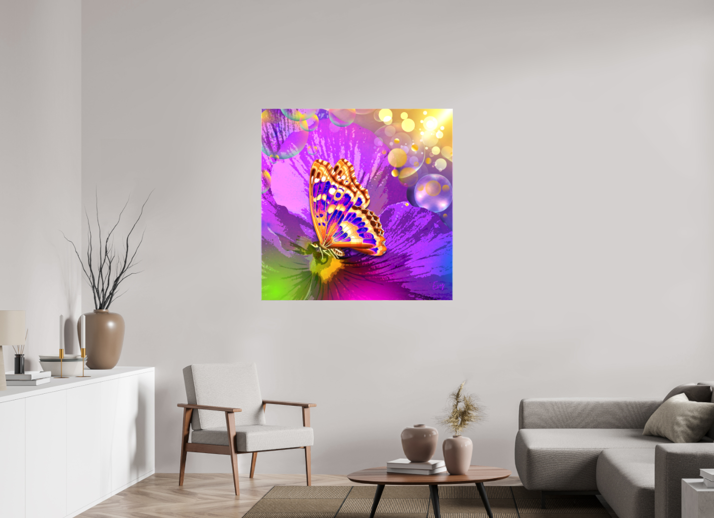 Kunstwerk: "Magische Vlinder op Bloem" Canvasprint Glanzend 3D