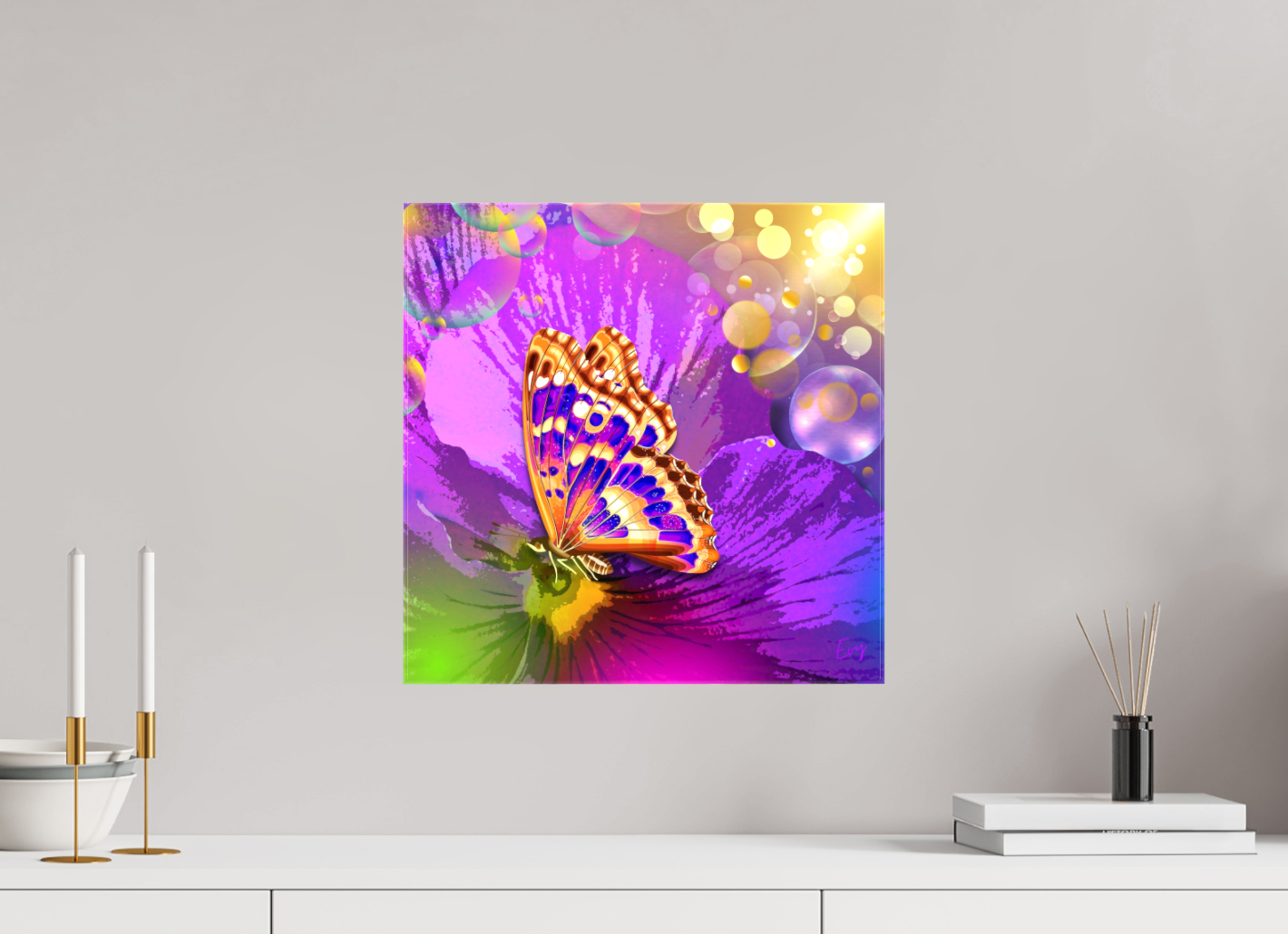 Kunstwerk: "Magische Vlinder op Bloem" Canvasprint Glanzend 3D